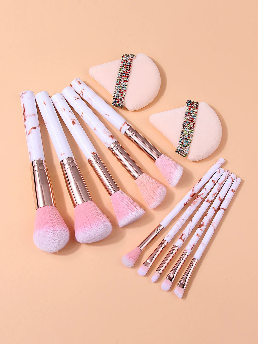 12-Piece Marble Makeup Brush Set with Rhinestone Puffs | Nixie