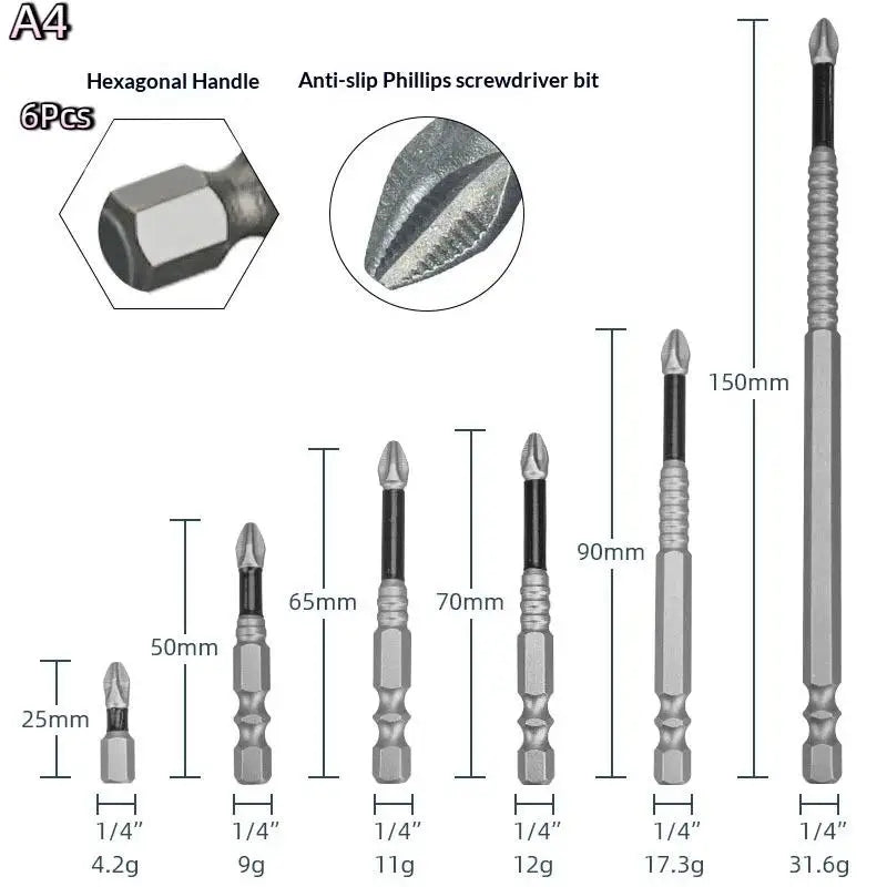 K5 Magnetic Screwdriver Bits Set – Anti-Slip S2 Steel, 6 Sizes