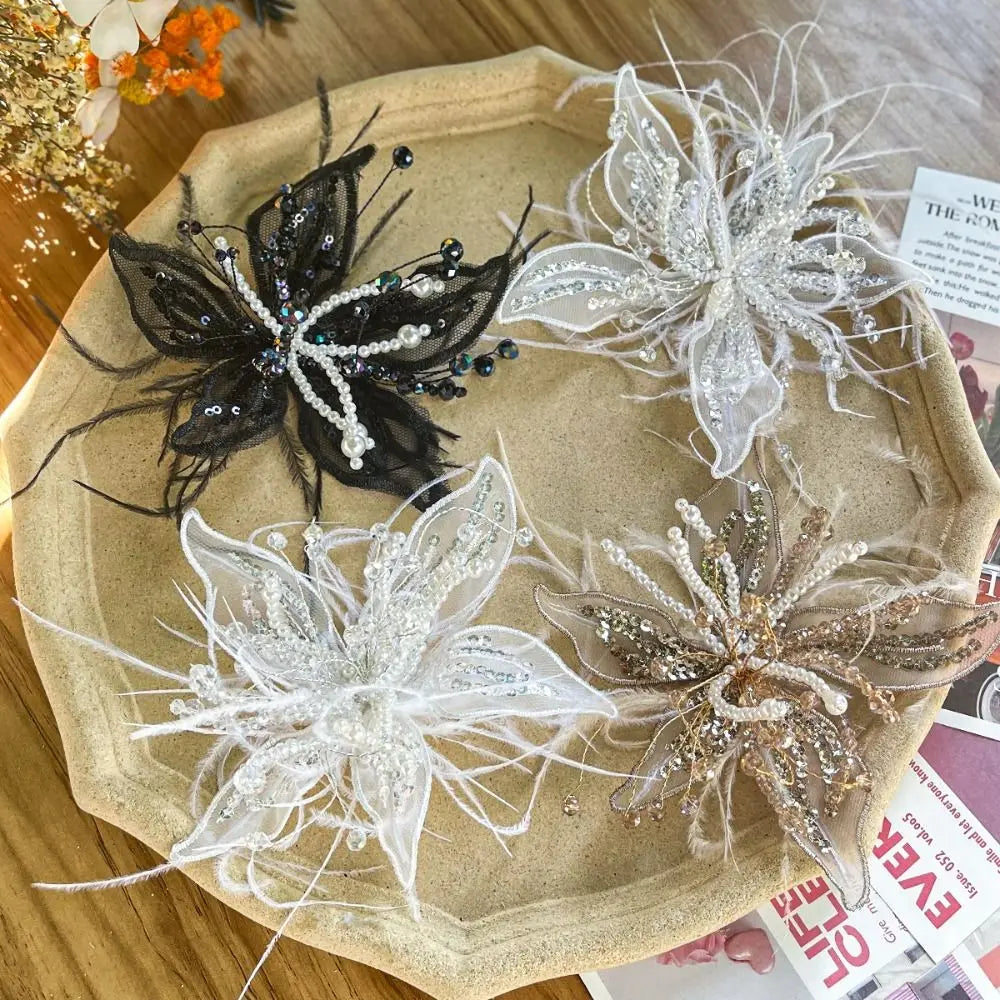 3D Organza Flower Patch – Pearl Crystal Feather DIY Embroidery