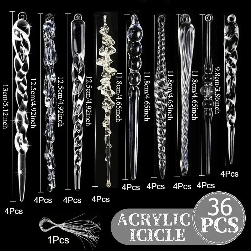 36PCS Clear Acrylic Icicle Christmas Ornaments – 9 Styles