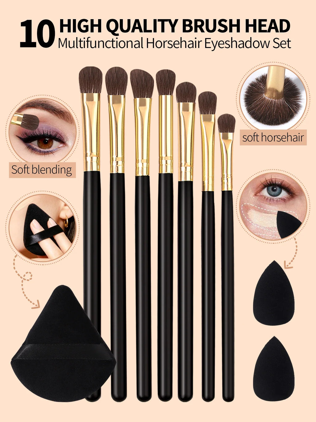 10Pcs Horsehair Eyeshadow Makeup Brush Set & Beauty Sponge