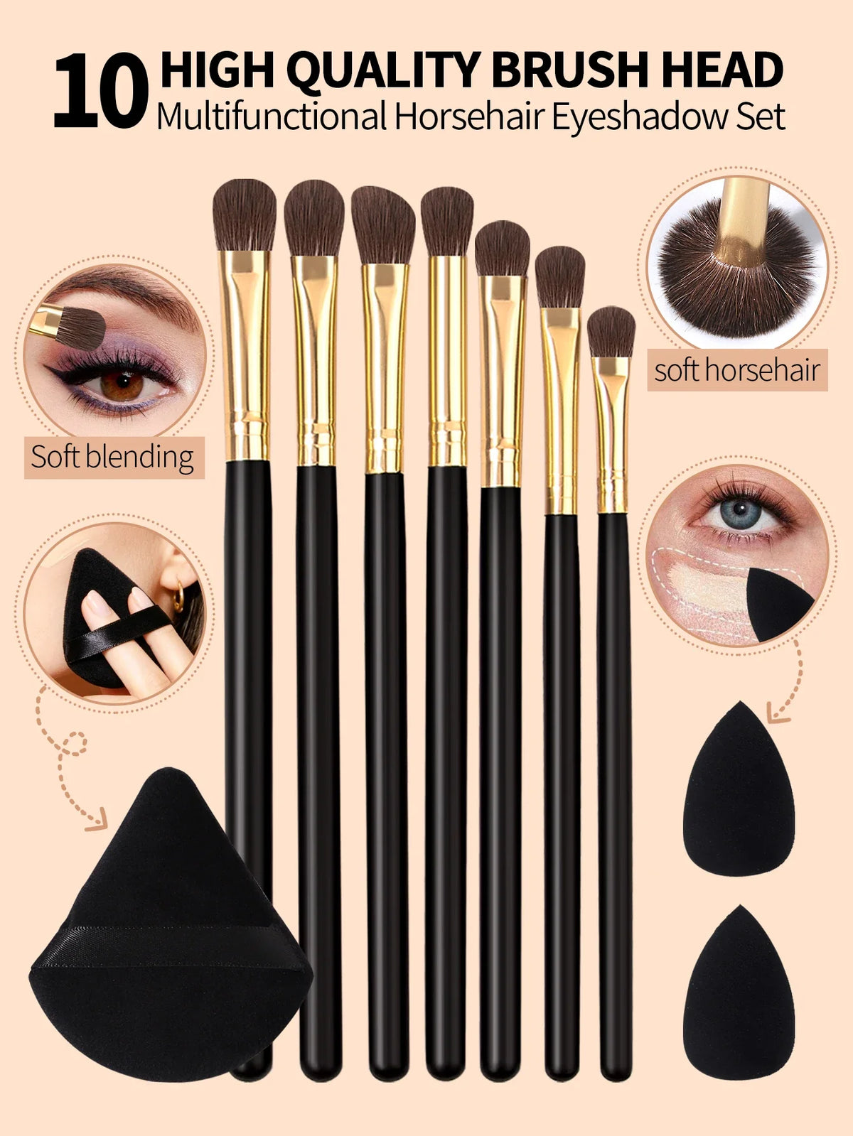 10Pcs Horsehair Eyeshadow Makeup Brush Set & Beauty Sponge
