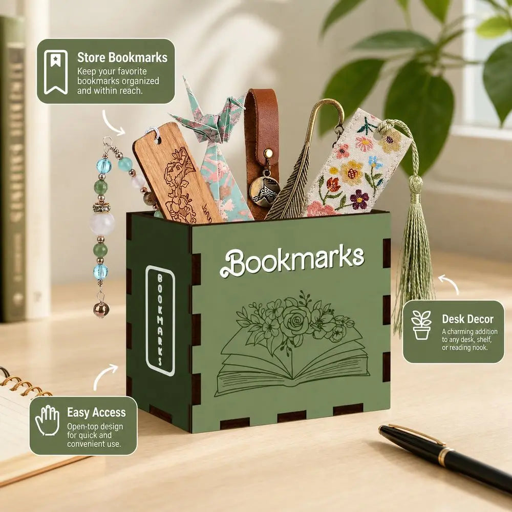 Wood Book-Shaped Bookmark Storage Box & Desk Organizer