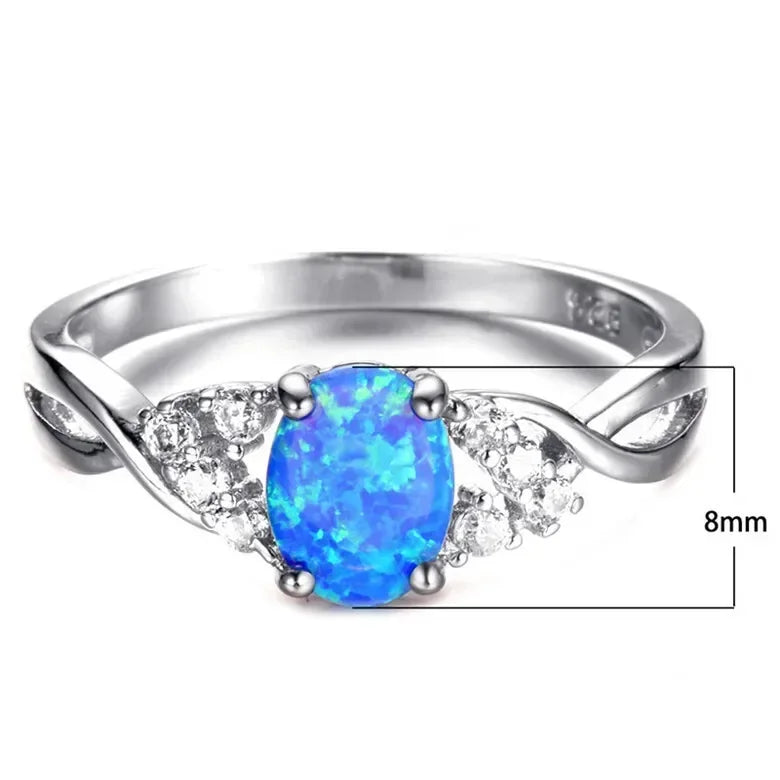 Women Silver Oval Blue Simulated Opal CZ Ring Sizes 6–10