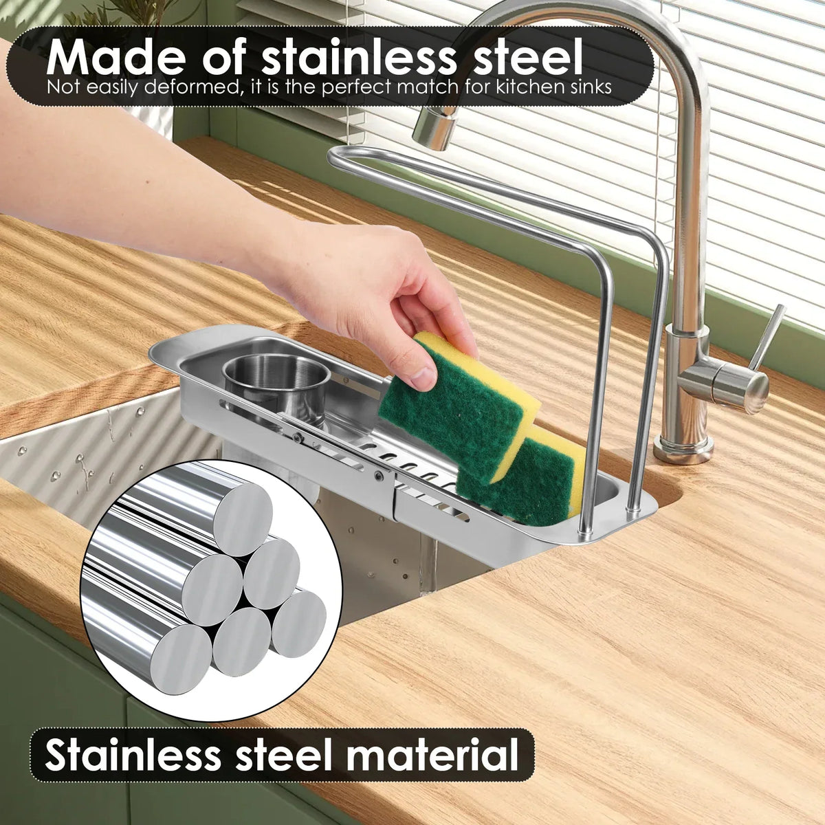 Telescopic Stainless Steel Sink Organizer Rack & Drain Basket