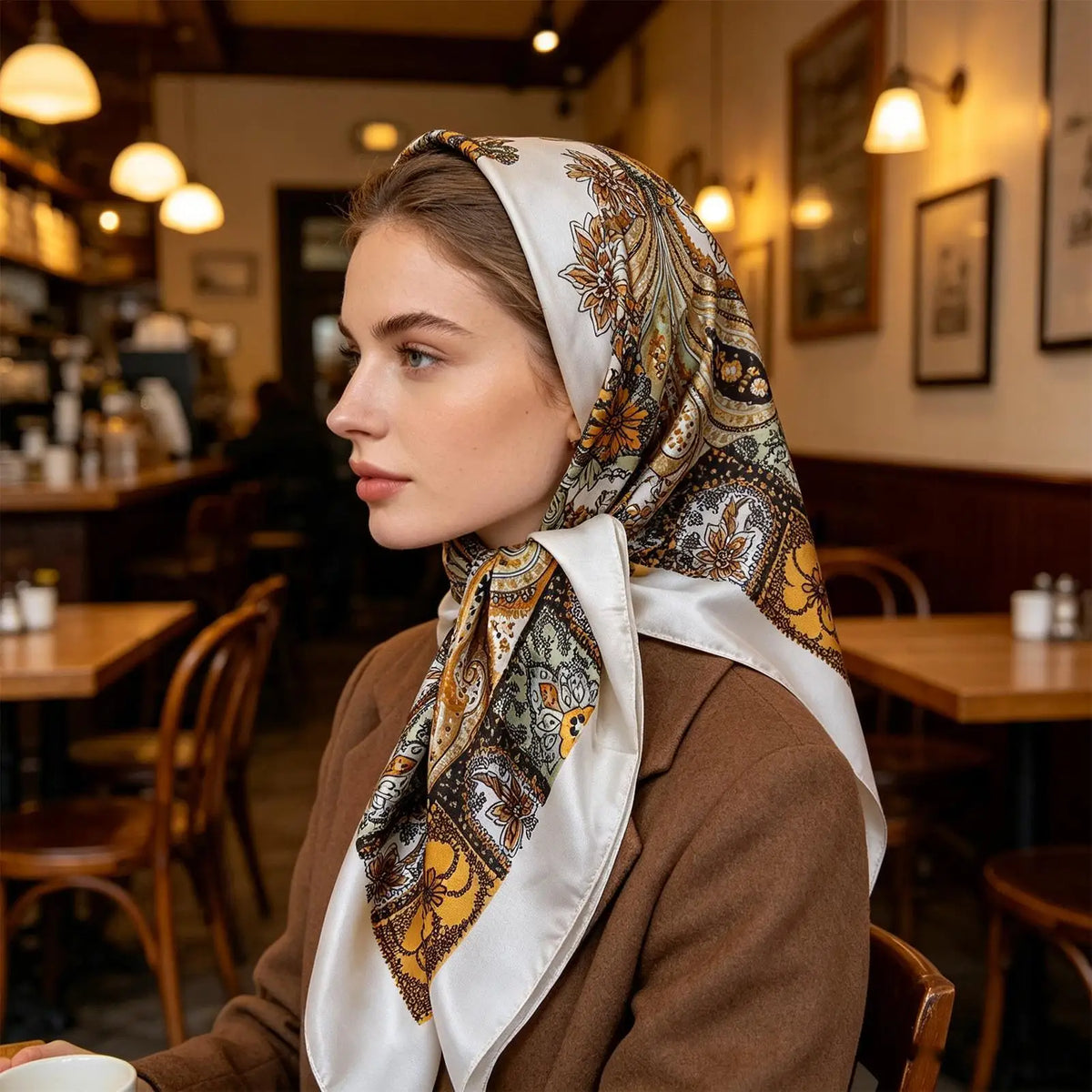 35" Vintage Faux Silk Square Scarf – Hair Bandana & Neckerchief