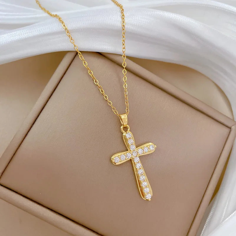 Women's Gold Cross Pendant Necklace – Stainless Steel & Zircon
