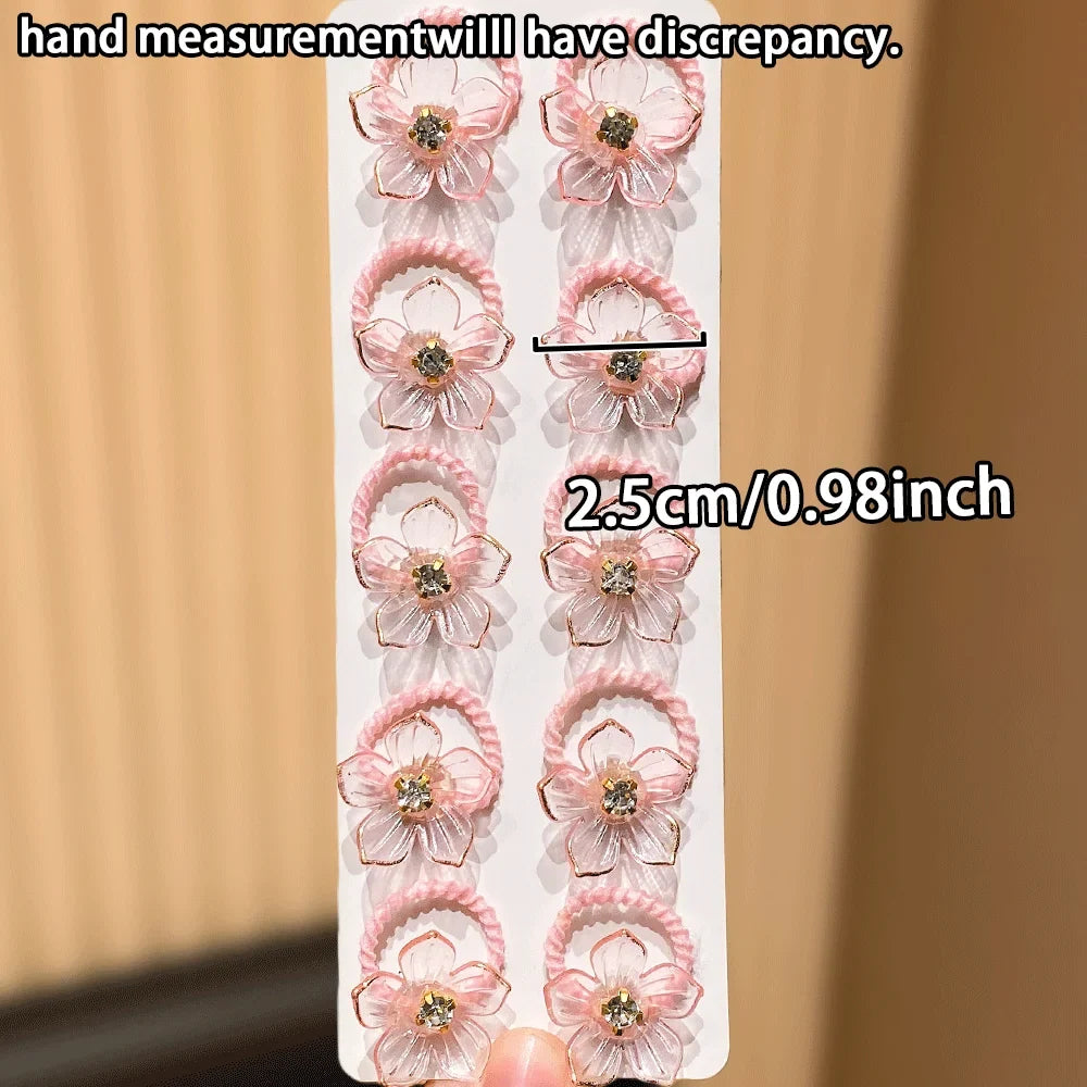 10pcs Girls Rhinestone Flower Elastic Hair Ties | Hair Bands