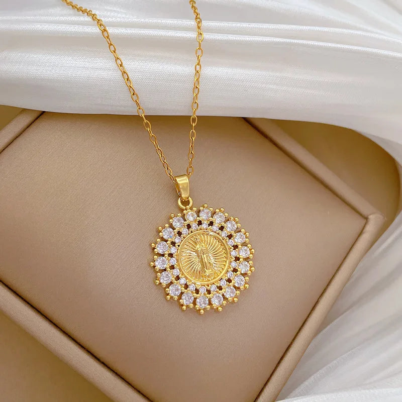Women's Gold Plated Round Portrait Pendant Choker Necklace