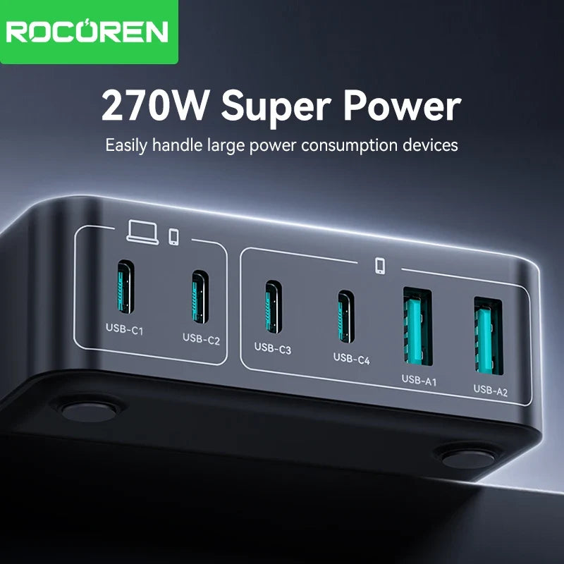 Rocoren 200W GaN Charger 6-Port USB-C PD Fast Charging Station