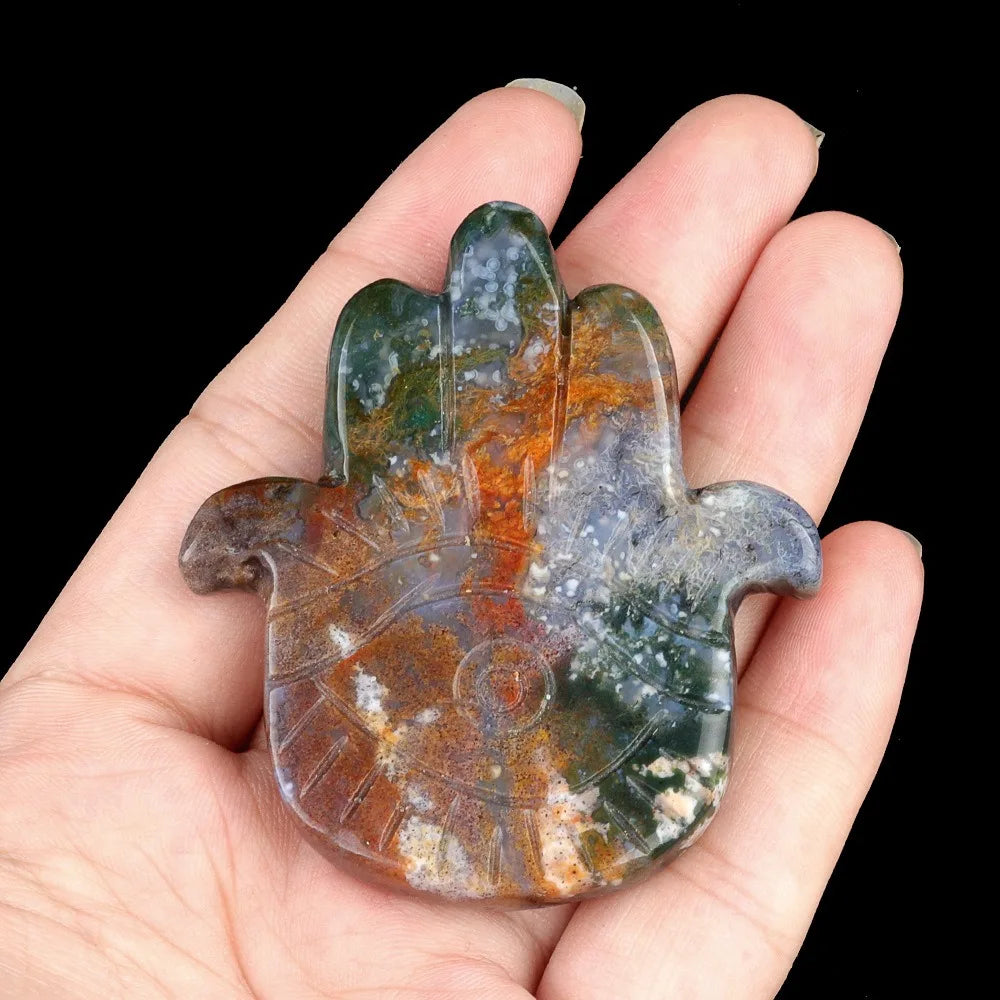 Natural Stone Hamsa Hand Carved Bead – Agate & Amethyst 57x50mm