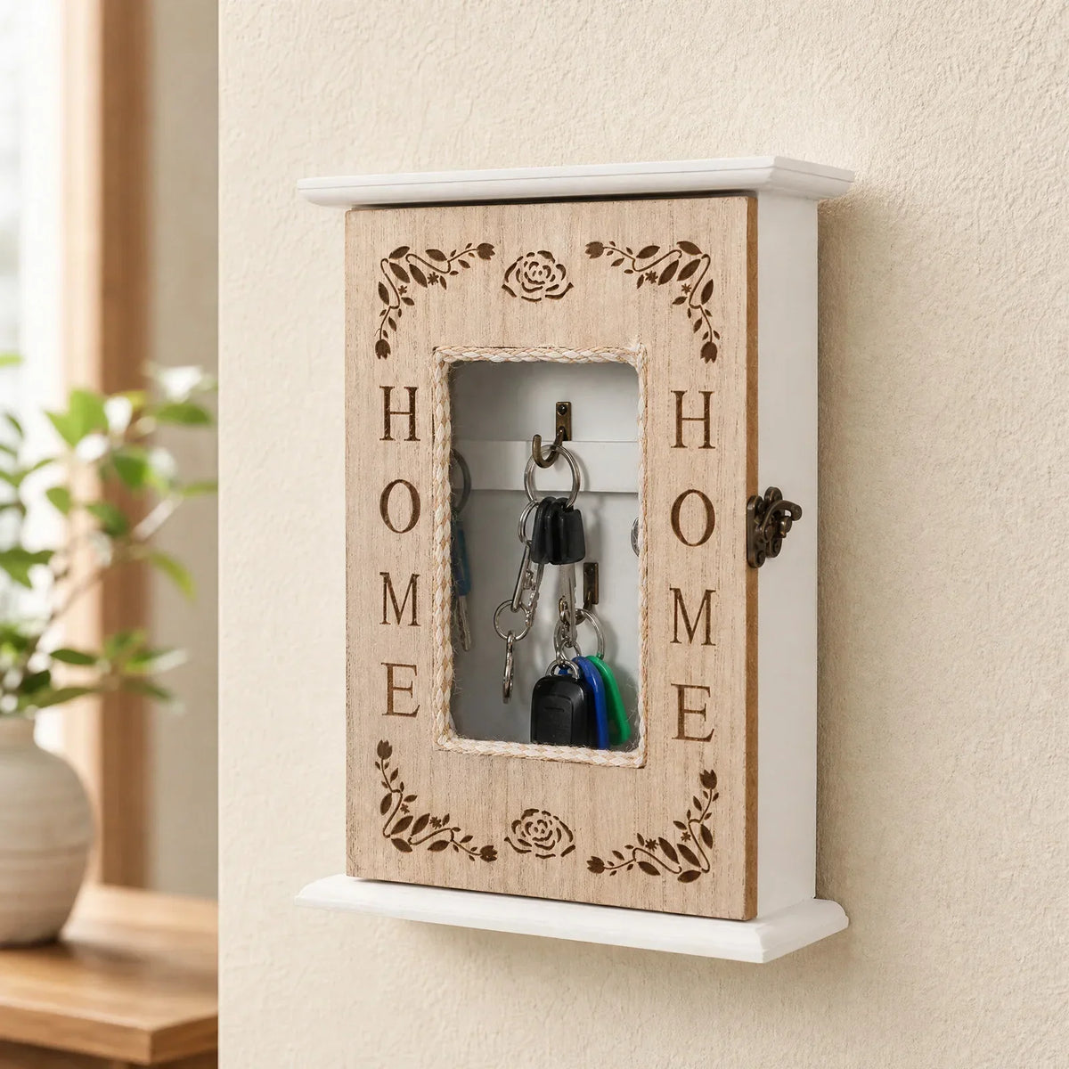 Vintage Wood Wall Key Holder with 5 Hooks | Home Entryway