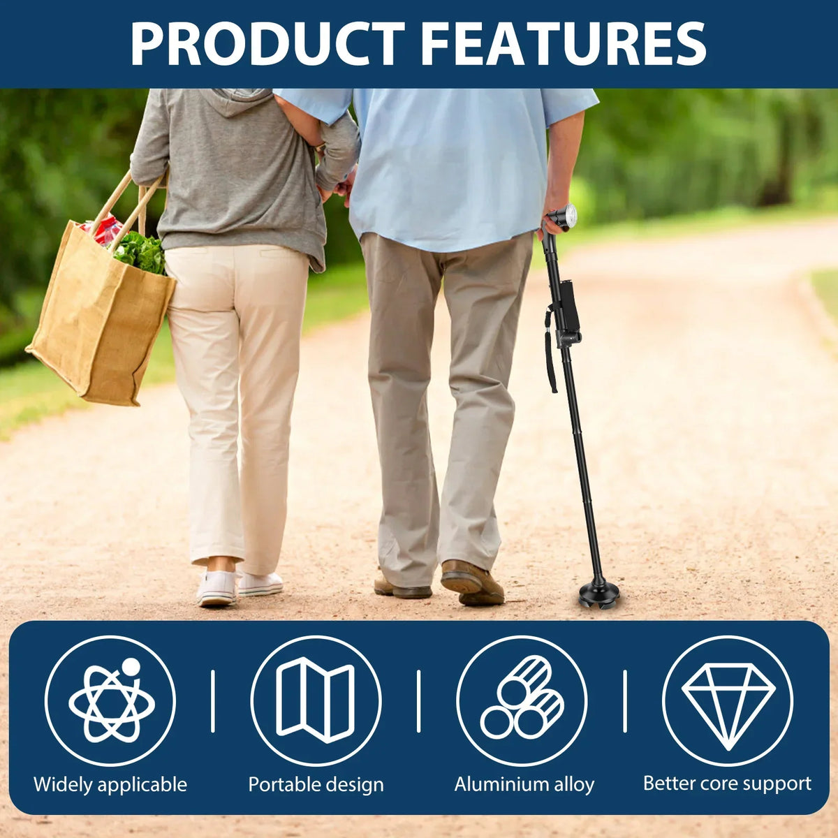 Folding Walking Cane with LED Light & SOS Alarm | Aluminum