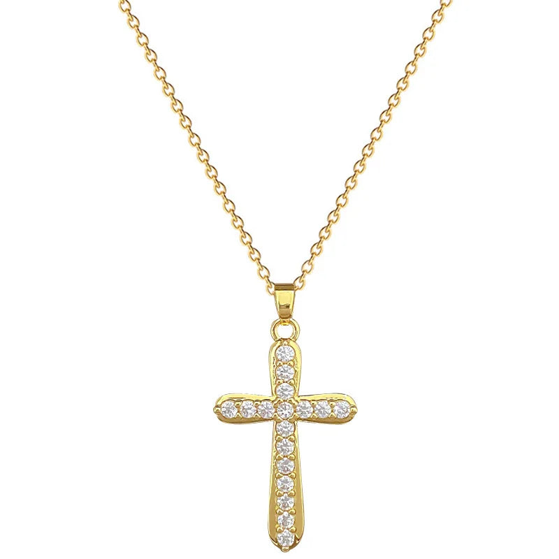 Women's Gold Cross Pendant Necklace – Stainless Steel & Zircon