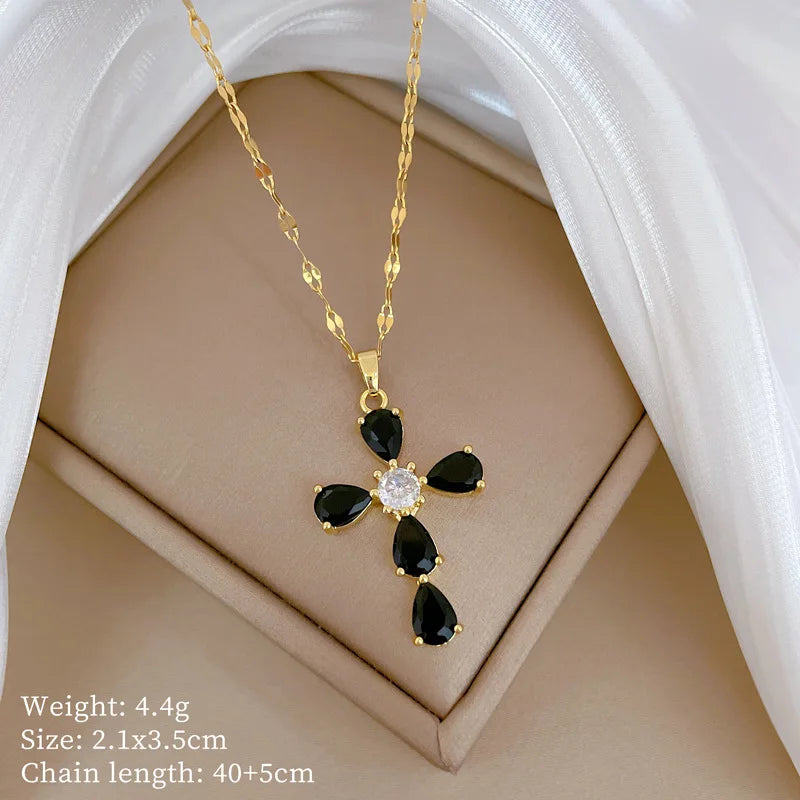 Women's Gold Cross Pendant Necklace – Stainless Steel & Zircon