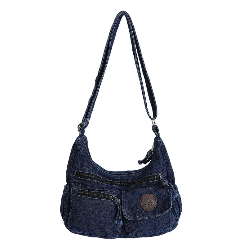 Japanese Washed Denim Multi-Pocket Women's Shoulder Bag