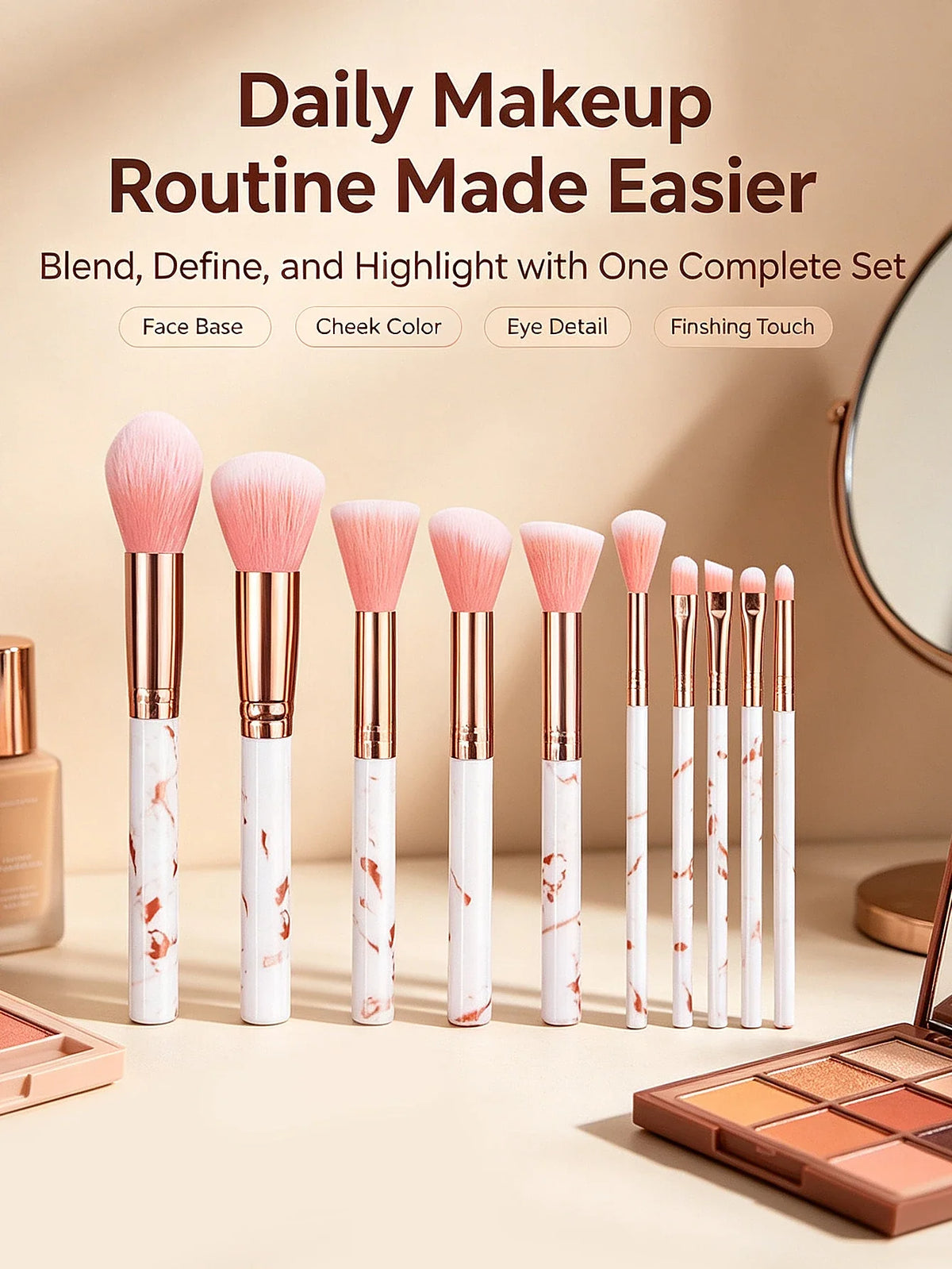 12-Piece Marble Makeup Brush Set with Rhinestone Puffs | Nixie