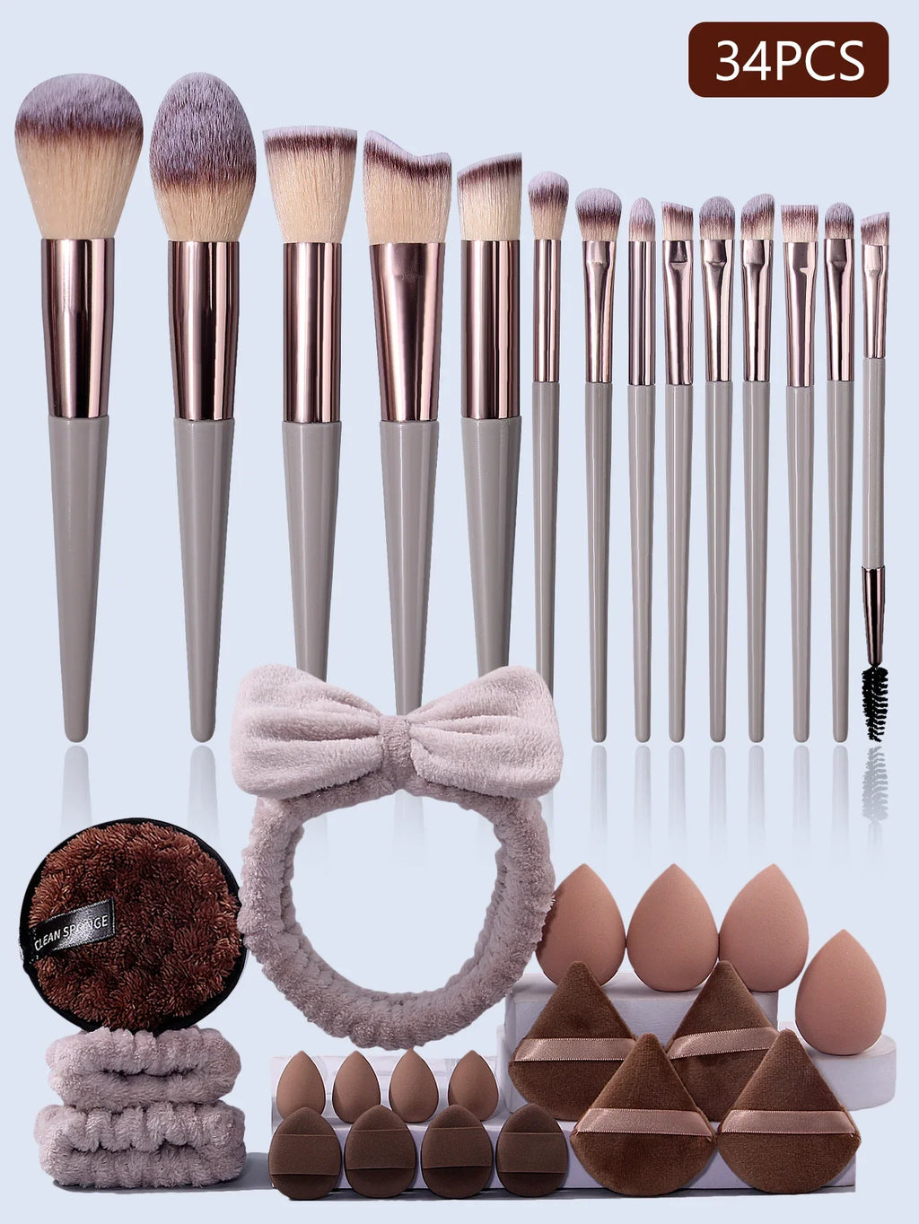 34-Piece Makeup Brush Set with Beauty Egg & Powder Puffs