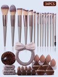 34-Piece Makeup Brush Set with Beauty Egg & Powder Puffs