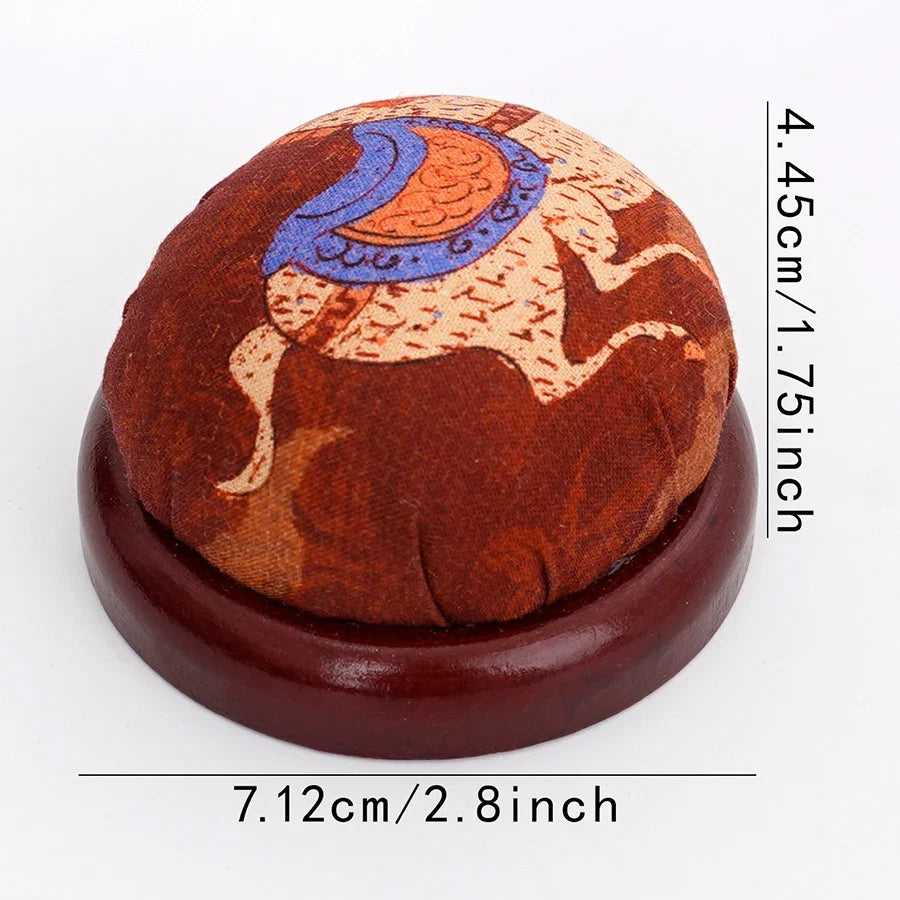 Retro Chinese Fabric Pin Cushion with Wooden Base | Sewing Tool