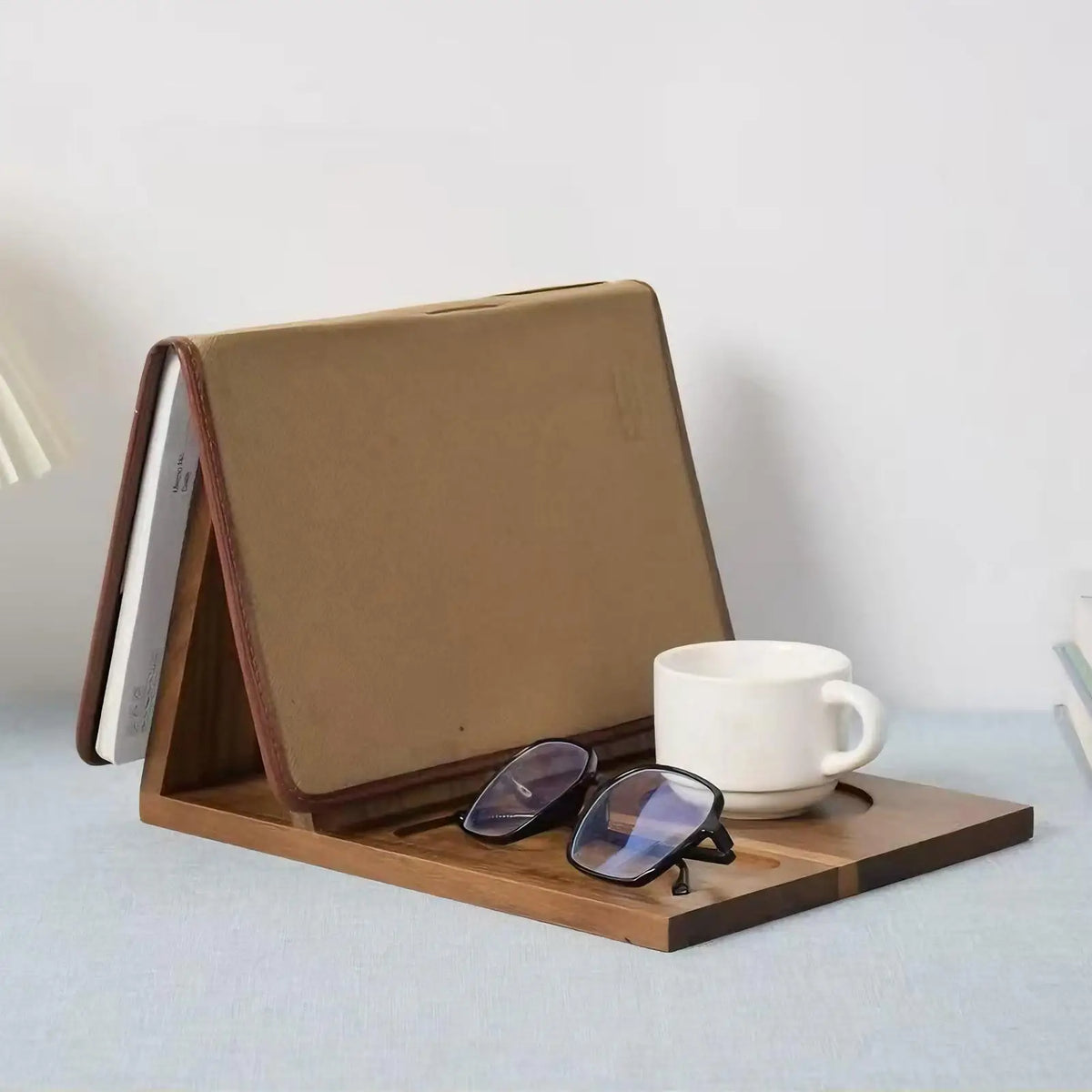 Wooden Triangle Book Stand with Drink Holder & Phone Slot
