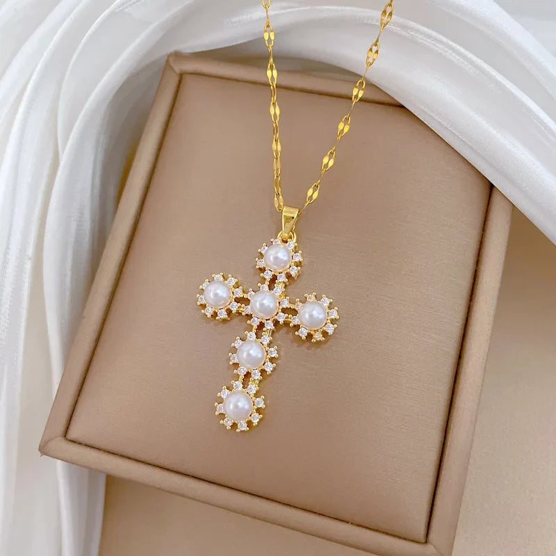 Women's Gold Cross Pendant Necklace – Zircon & Stainless Steel