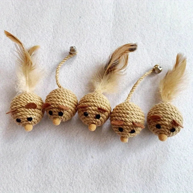 Rhinestone Feather Mouse Cat Toy – Hemp Rope & Glass Bell