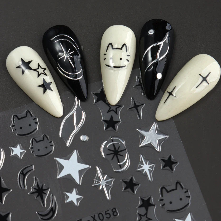 Y2K Cat & Dog Nail Art Stickers | Black Silver Decals 2 Sheets