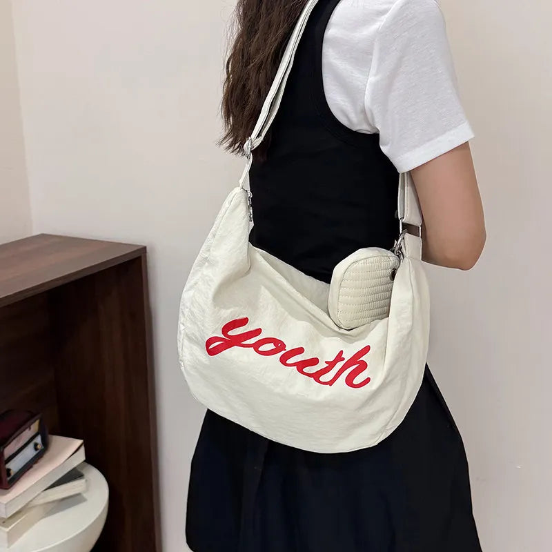 Korean Letter-Print Nylon Crossbody Bag – Large Capacity
