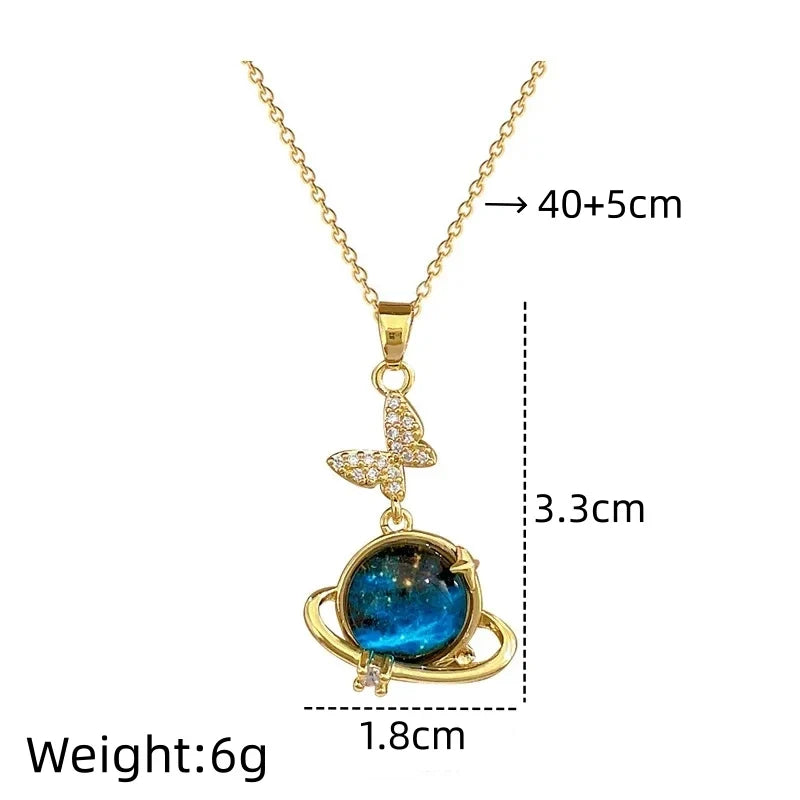 Starry Sky Butterfly Pendant Necklace Gold Stainless Steel