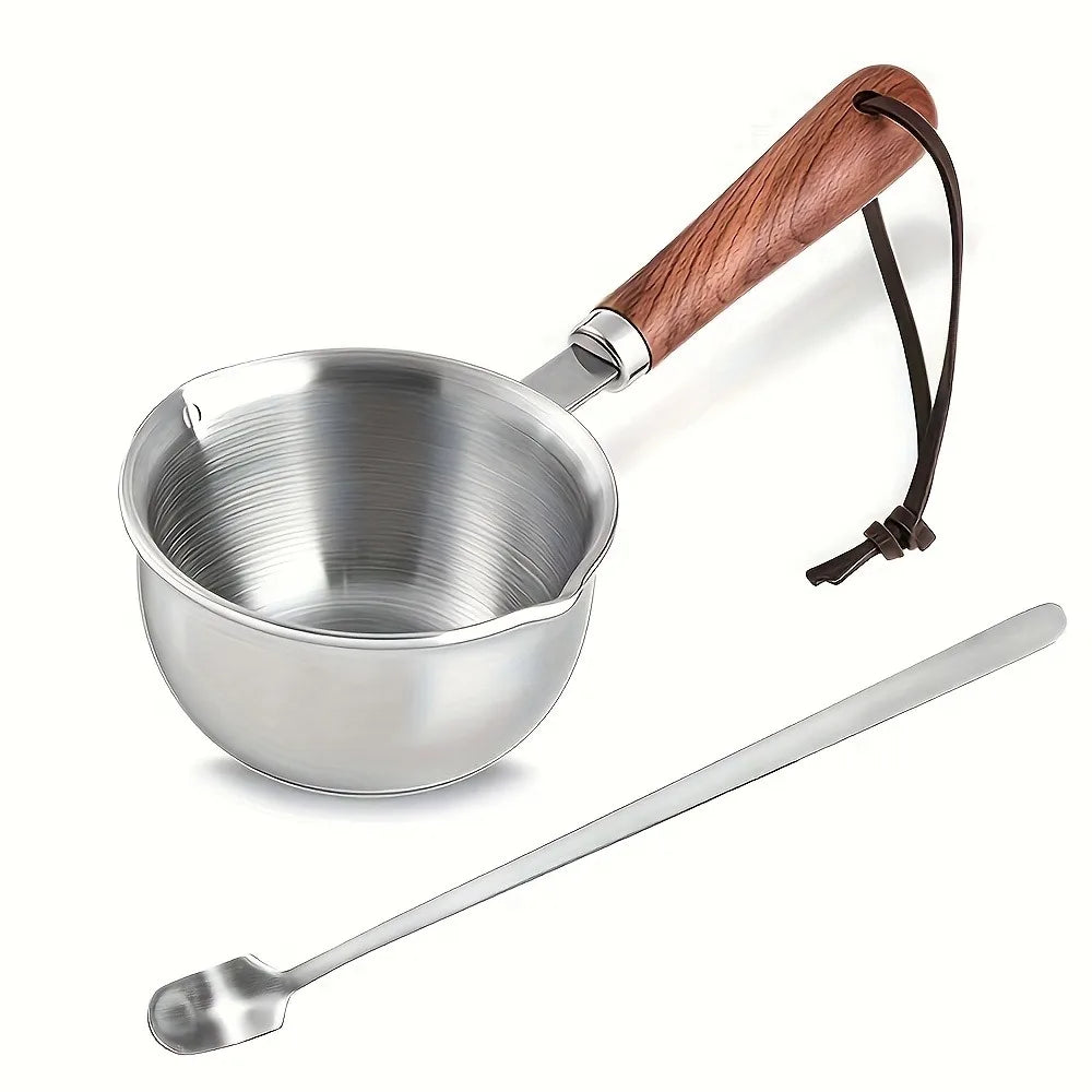 10oz Stainless Steel Pot Wooden Handle | Candle Wax & Cooking