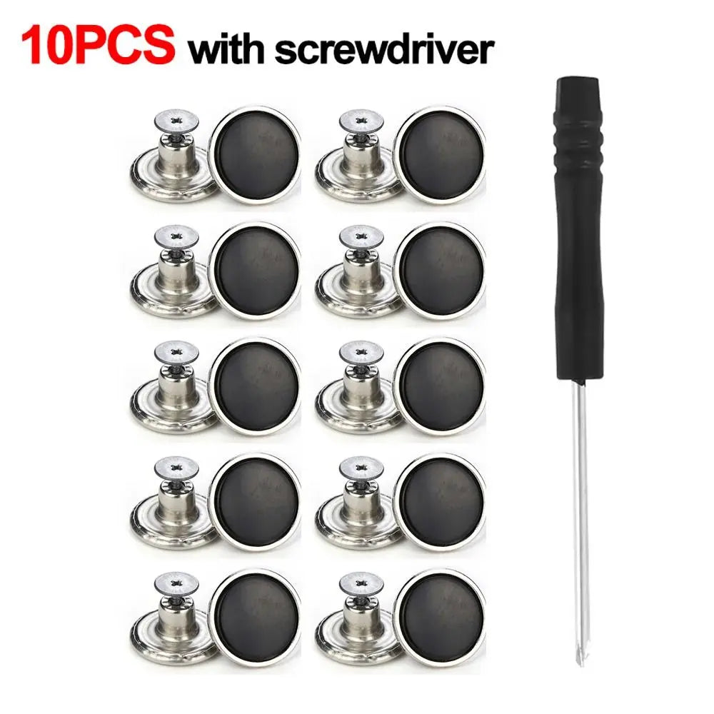 10Pcs 17mm Metal Jeans Buttons No-Sew Shank Buttons + Screwdriver