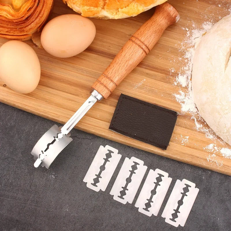 5-Blade Dough Pastry Cutter | Wooden Handle Bread Knife Tool