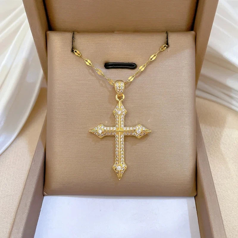 Women's Gold Cross Pendant Necklace – Stainless Steel Choker