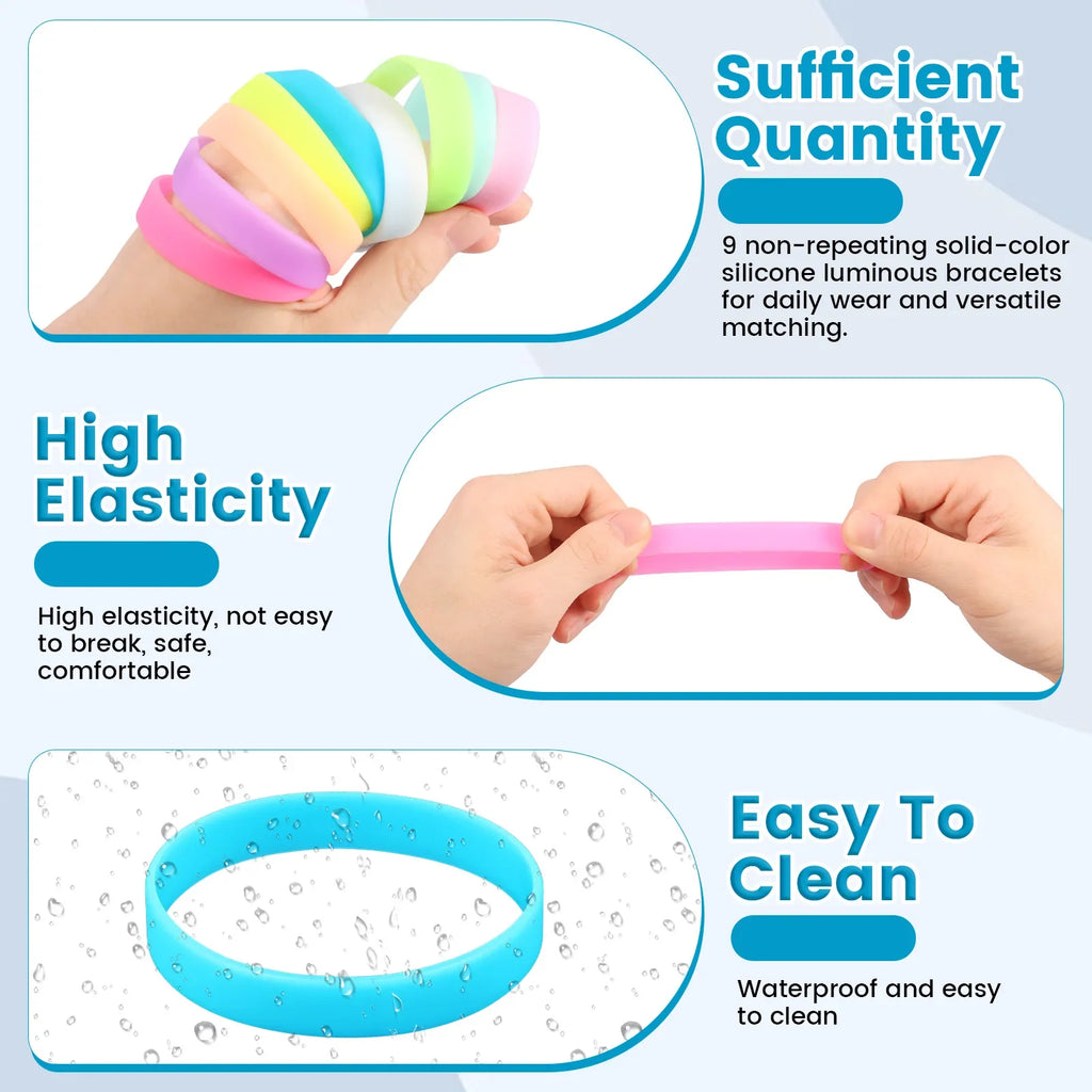9-Pack Glow in the Dark Silicone Sport Bracelets Unisex