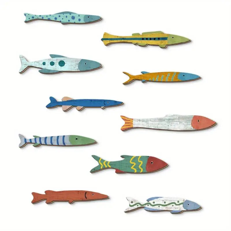 Wooden Ocean Fish Wall Decor Set – 10 Pcs Coastal Style