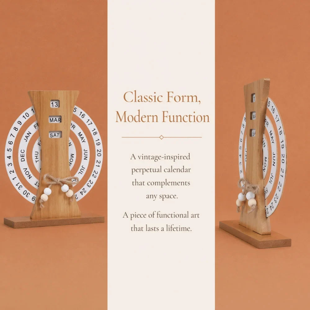 Wooden Perpetual Desk Calendar – Rotatable 3-Disc Date Keeper