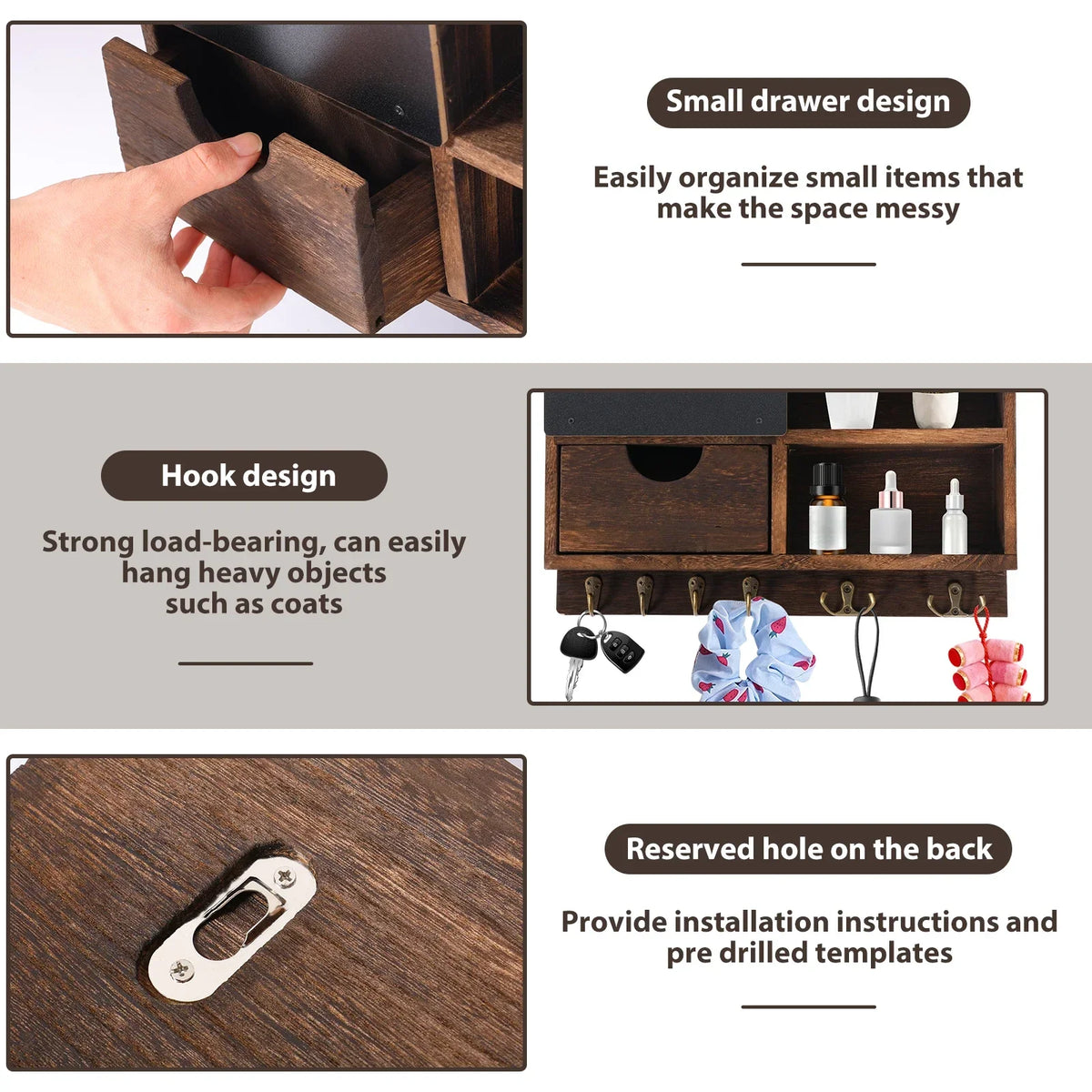 Wooden Wall-Mounted Key & Mail Organizer with Hooks & Drawer