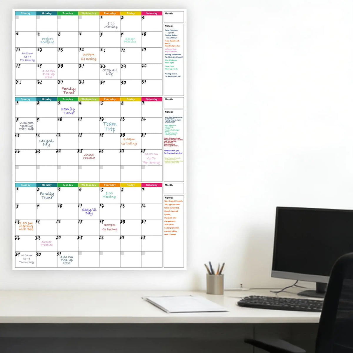 3-Month Dry Erase Wall Calendar – Reusable Undated Planner