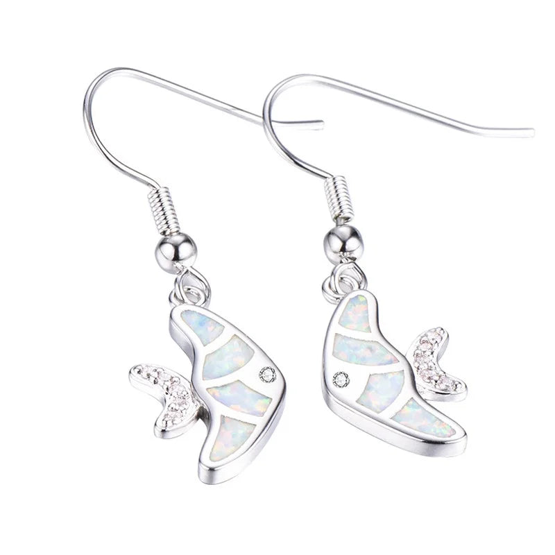 White Simulated Opal Silver Fish Dangle Hook Earrings