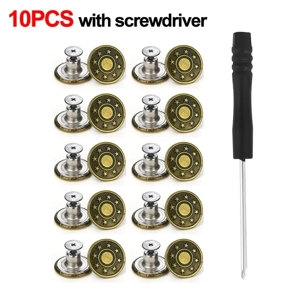 10Pcs 17mm Metal Jeans Buttons No-Sew Shank Buttons + Screwdriver