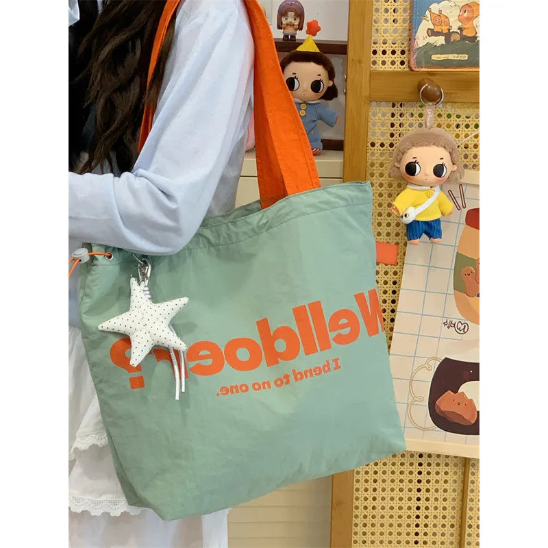 Korean Color-Block Canvas Tote Bag – Large Drawstring Shoulder Bag