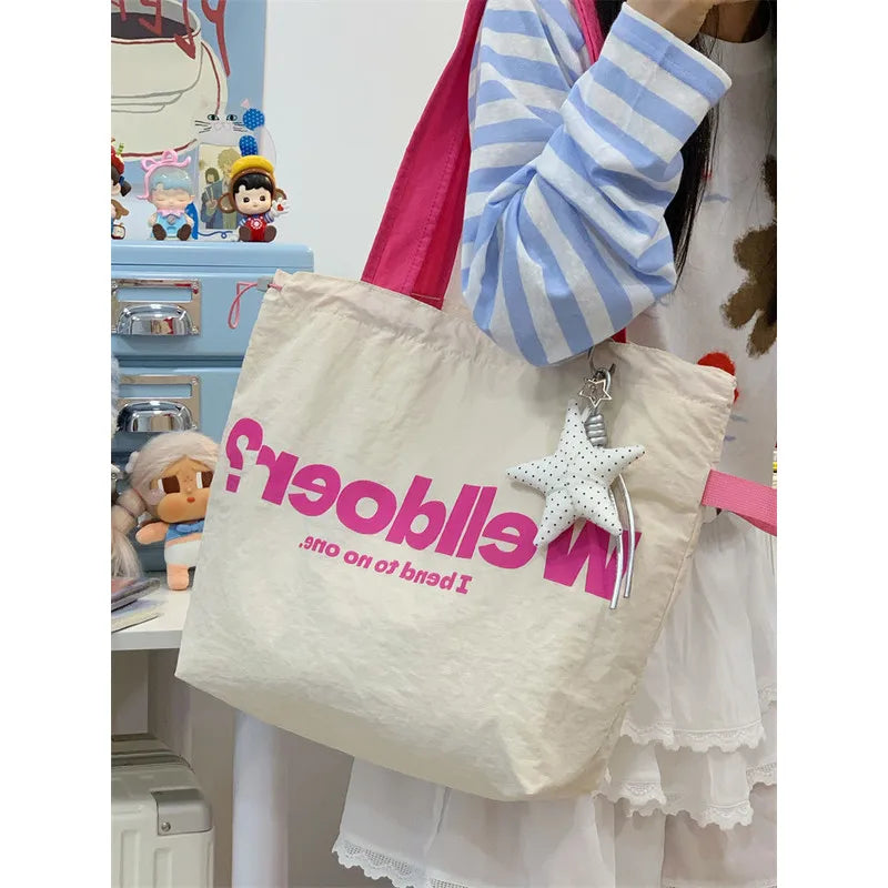 Korean Color-Block Canvas Tote Bag – Large Drawstring Shoulder Bag