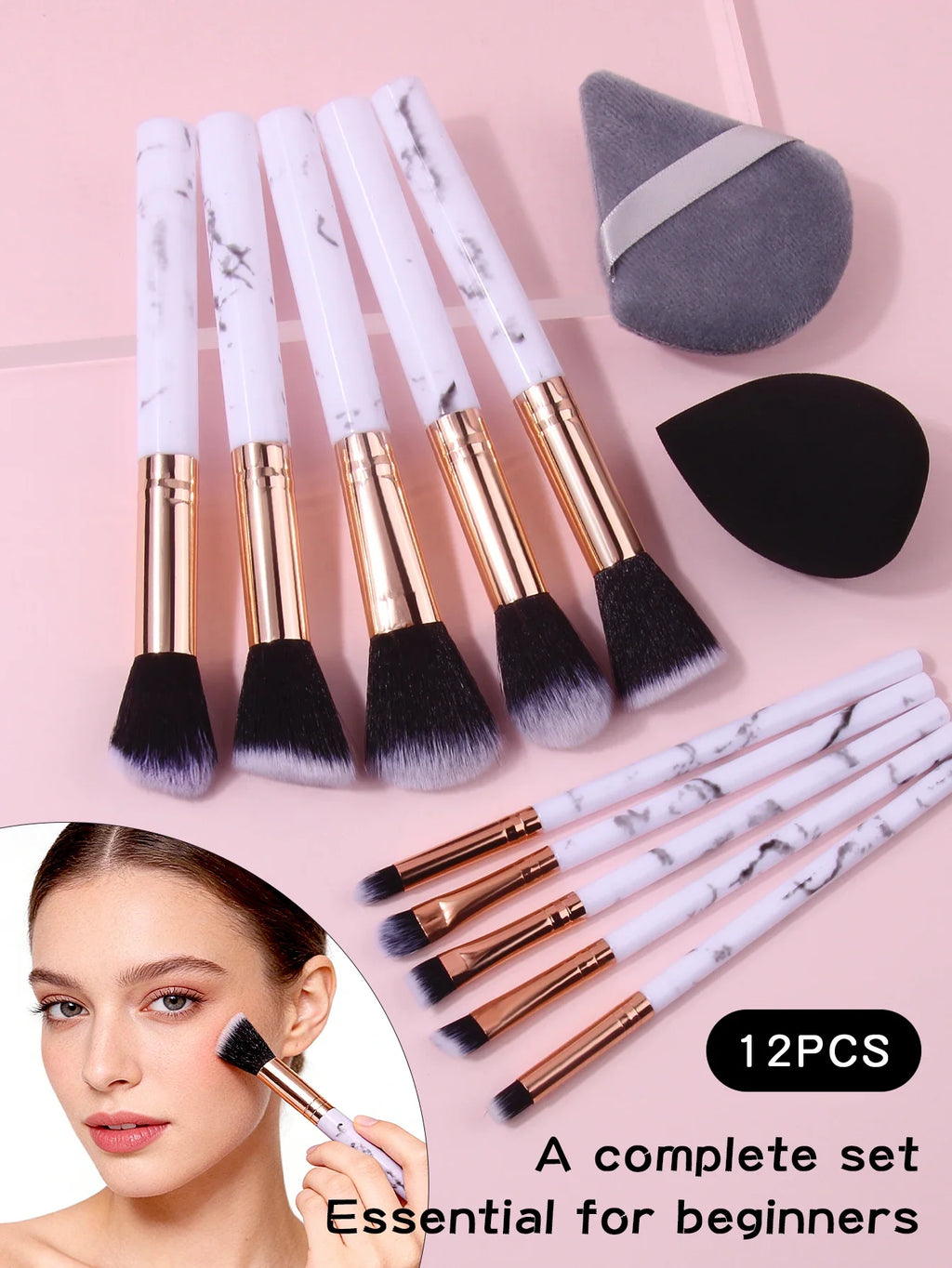 Marble Makeup Brush Set 12pc – Blush, Eyeshadow, Puff & Sponge