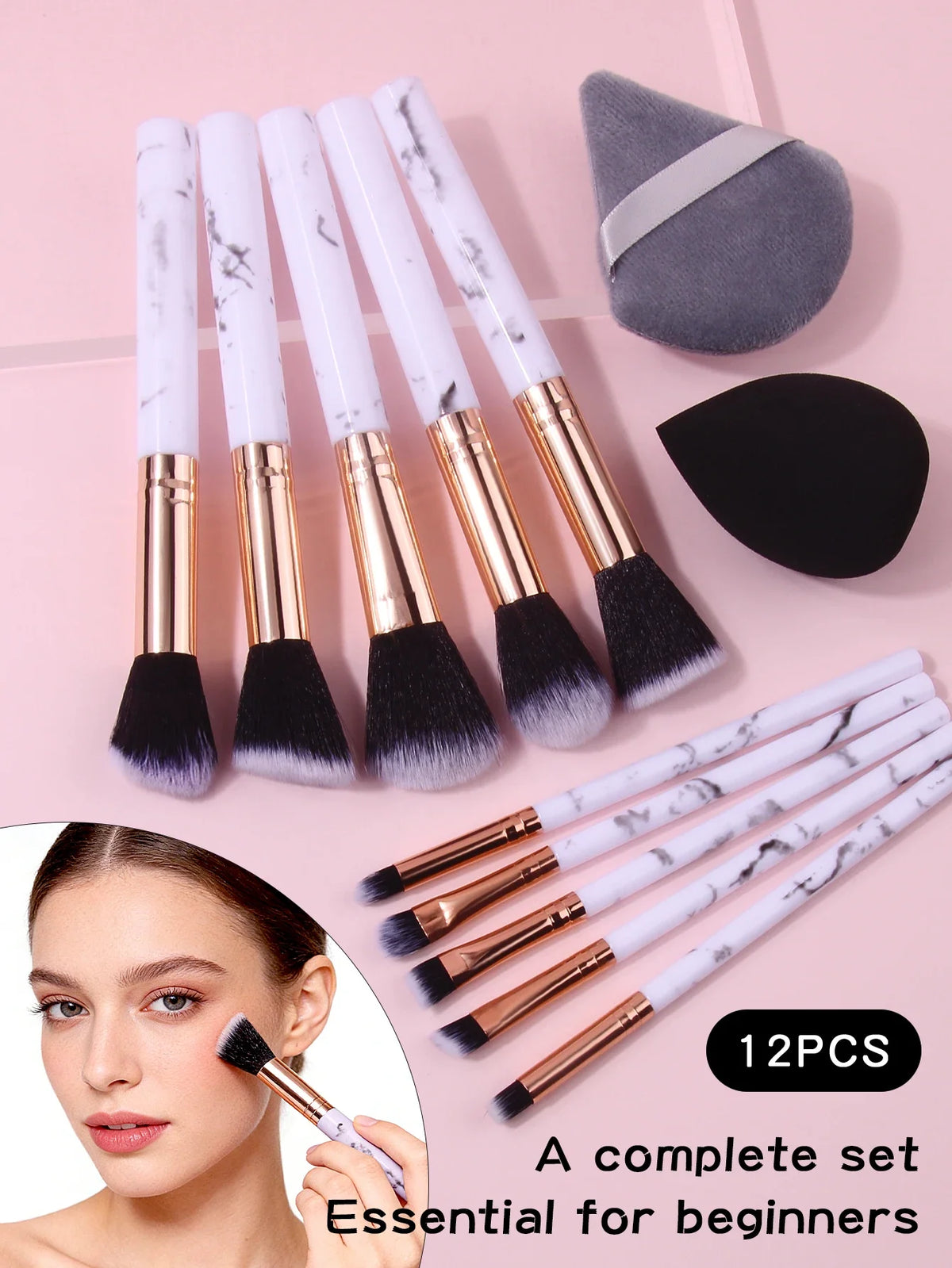 Marble Makeup Brush Set 12pc – Blush, Eyeshadow, Puff & Sponge