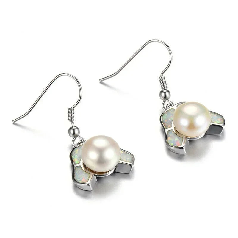 White Pearl Simulated Opal Silver Dangle Drop Earrings