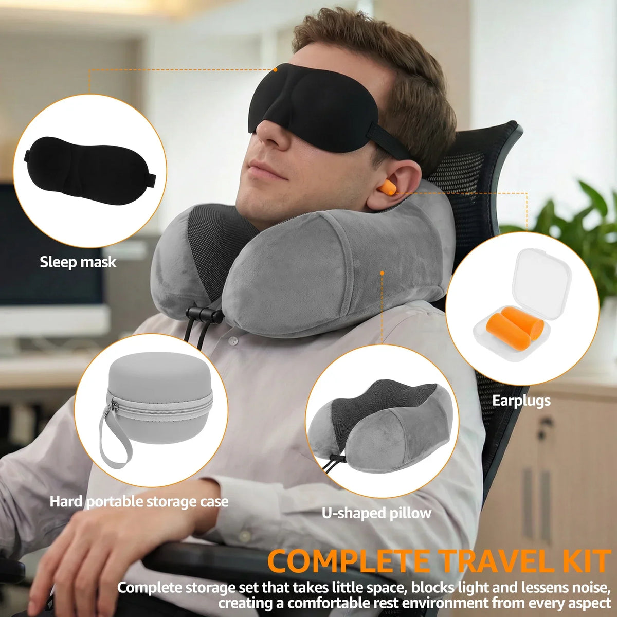 U-Shape Memory Foam Travel Neck Pillow Set with Eye Mask & Earplugs