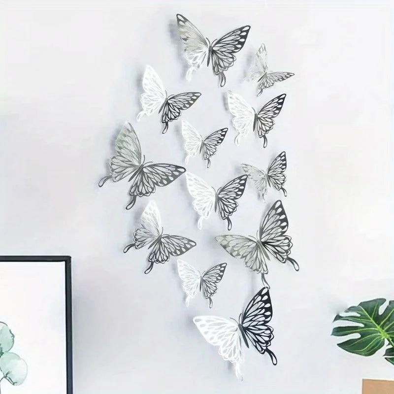 12Pcs 3D Hollow Butterfly Wall Stickers Gold Silver Decals