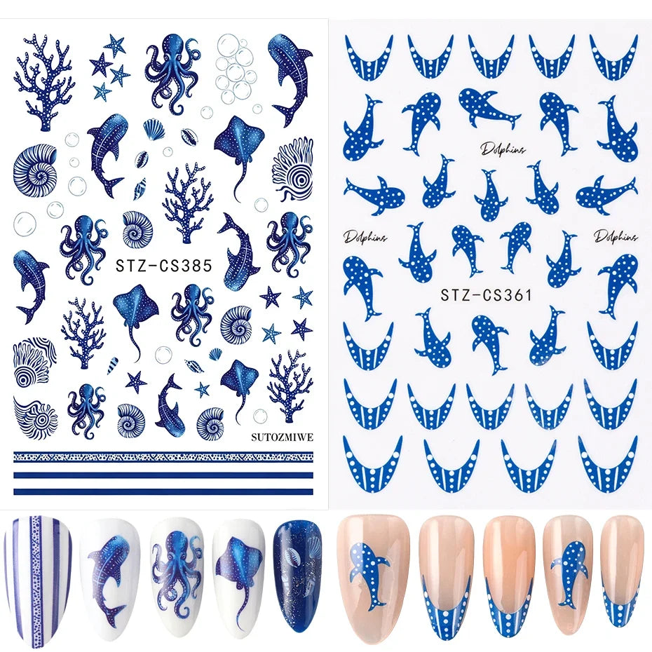 Blue Ocean Nail Art Stickers – Whale & Starfish Decals 2pcs