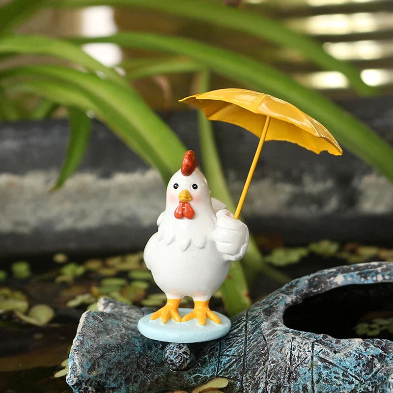 Rooster Figurine with Umbrella – Resin Garden Statue Decor